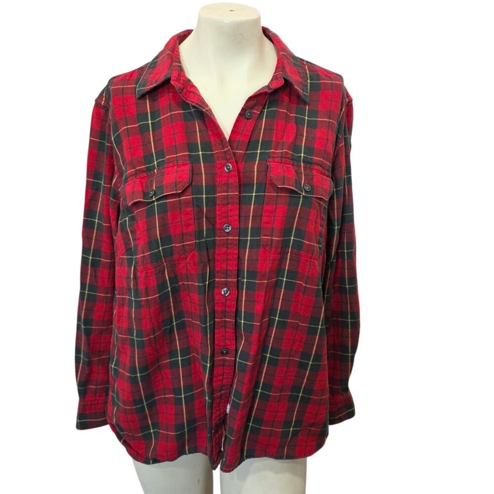 LRL Ralph Lauren Womens 1X Red Plaid Flannel Button Up Shirt Cotton Top‎